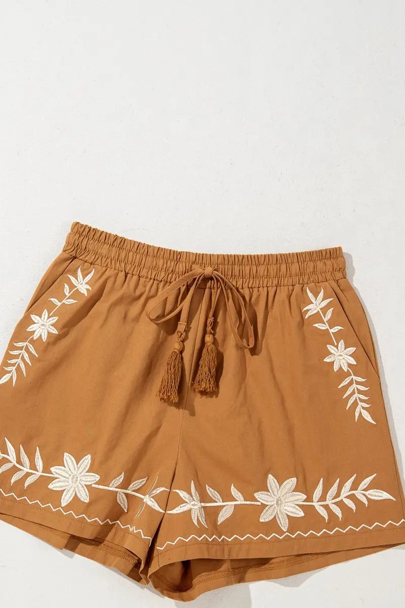 Khaki Embroidered Boho Tasseled Drawstring Elastic Waist Shorts - Love Salve